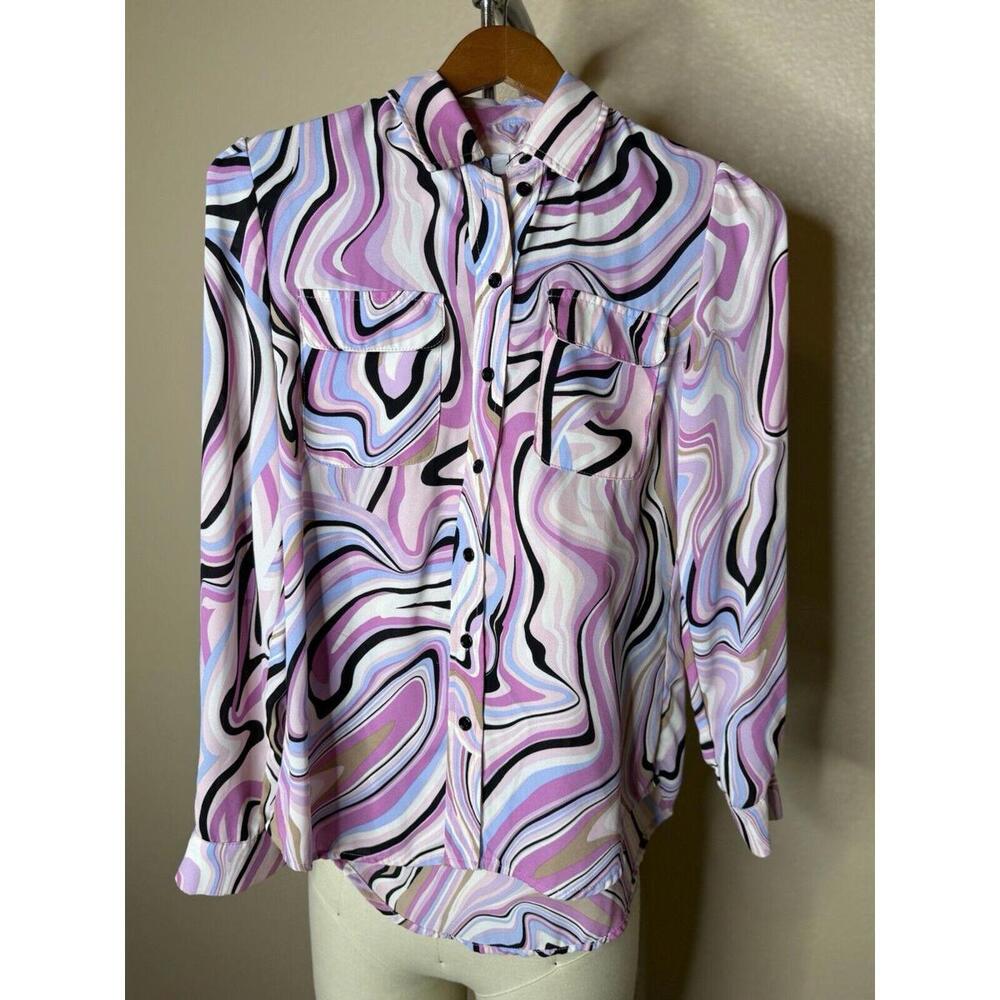 Bar III Womens Swirl Printed Point-Collar Size Xs Multicolour Button-Down Top